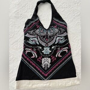 Women's Black and Pink Patterned Halter Top